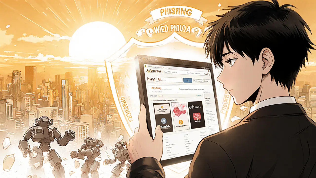 A teenager closes a scam site and opens a verified airdrop platform, protected by a shield labeled &#039;NO SEED PHRASE&#039;.