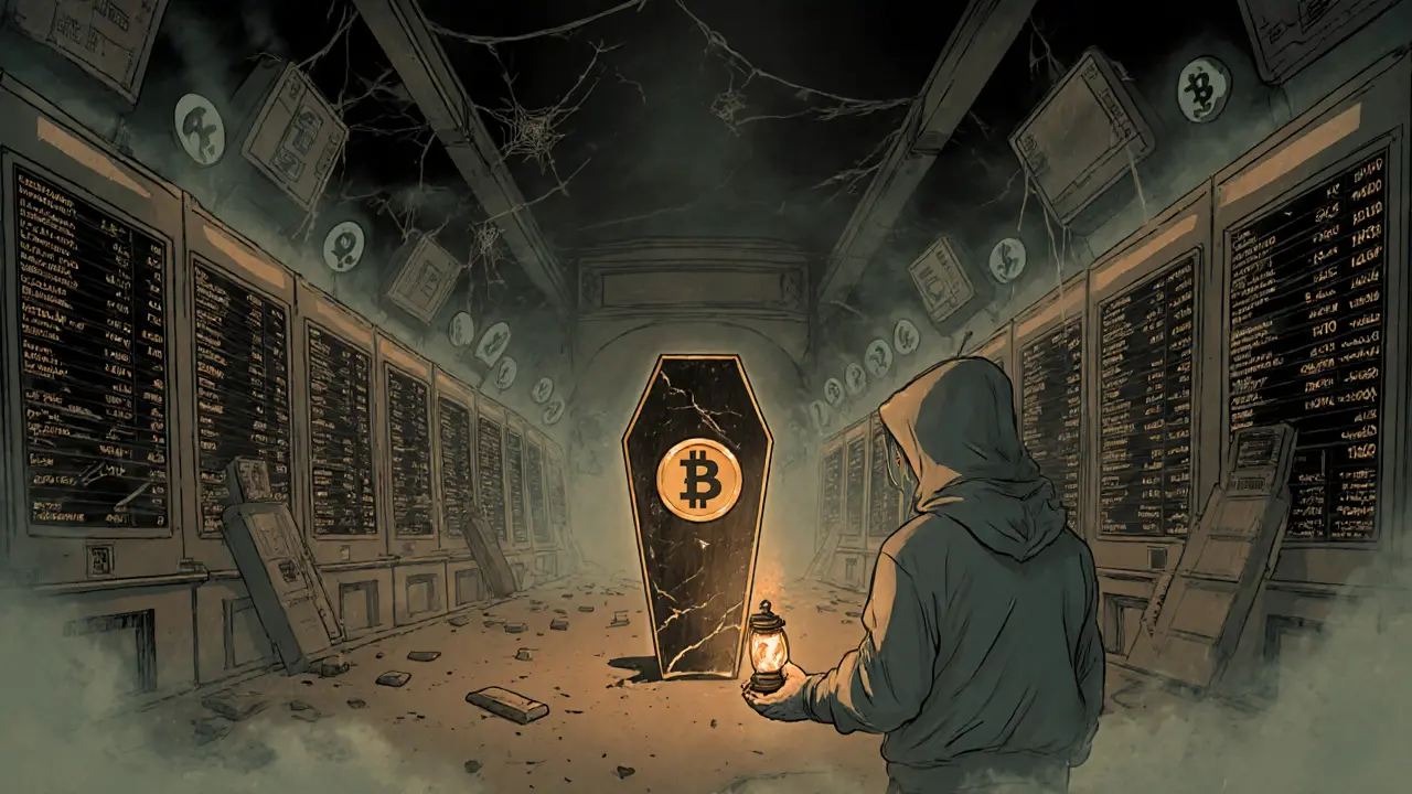 Abandoned exchange hall with a zombie token coffin and a lone figure holding a lantern.