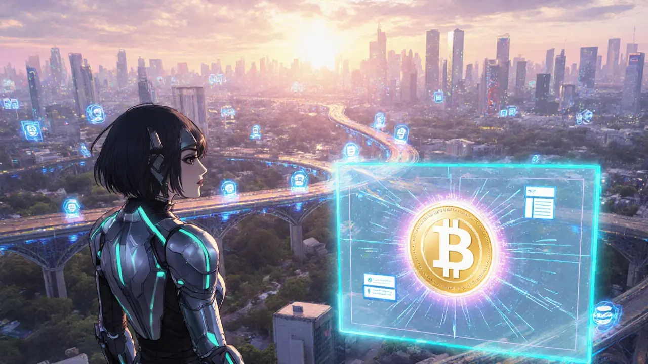 Anime character viewing futuristic cross‑chain bridges and BNC token glowing at sunrise.
