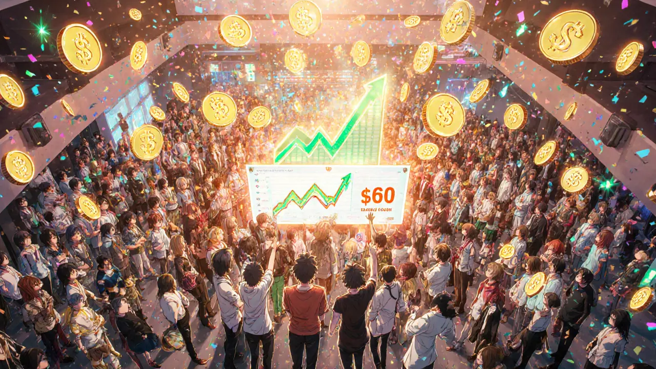 Anime crowd celebrates with falling token symbols and a rising market chart in a virtual hub.