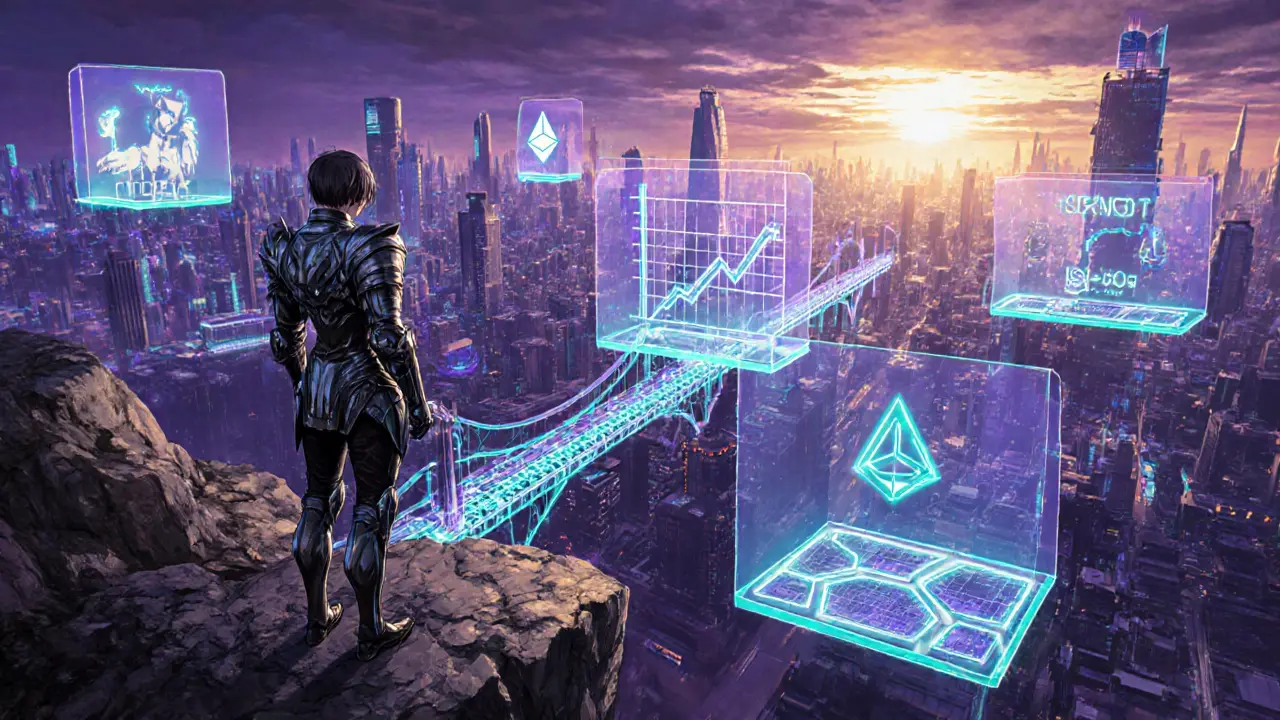 Anime hero overlooking cyber city with bridges to Ethereum, showing BEETS future roadmap.