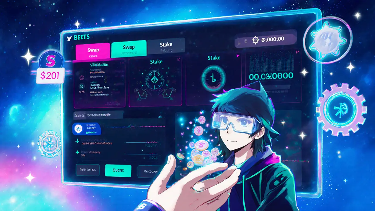 Anime trader interacting with BEETS dashboard, staking S tokens and receiving stS.