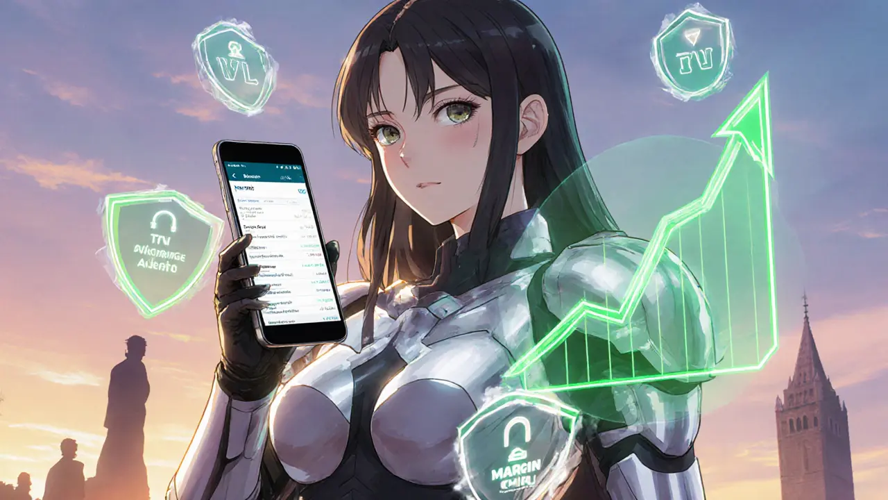 Armored heroine checks Kodiak mobile app alerts amid rising performance graphs.