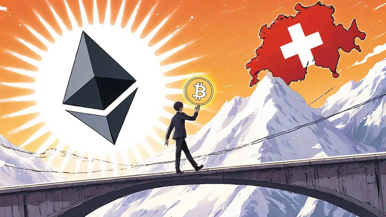 Bridge linking Ethereum to Layer‑2 with Swiss Alps backdrop, featuring EMRX token.