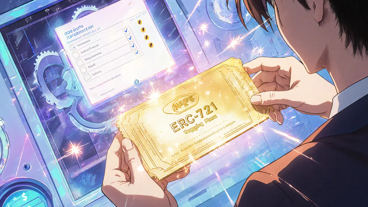 Close‑up of protagonist holding a golden NFT ticket with a holographic KYC form and wallet UI behind.