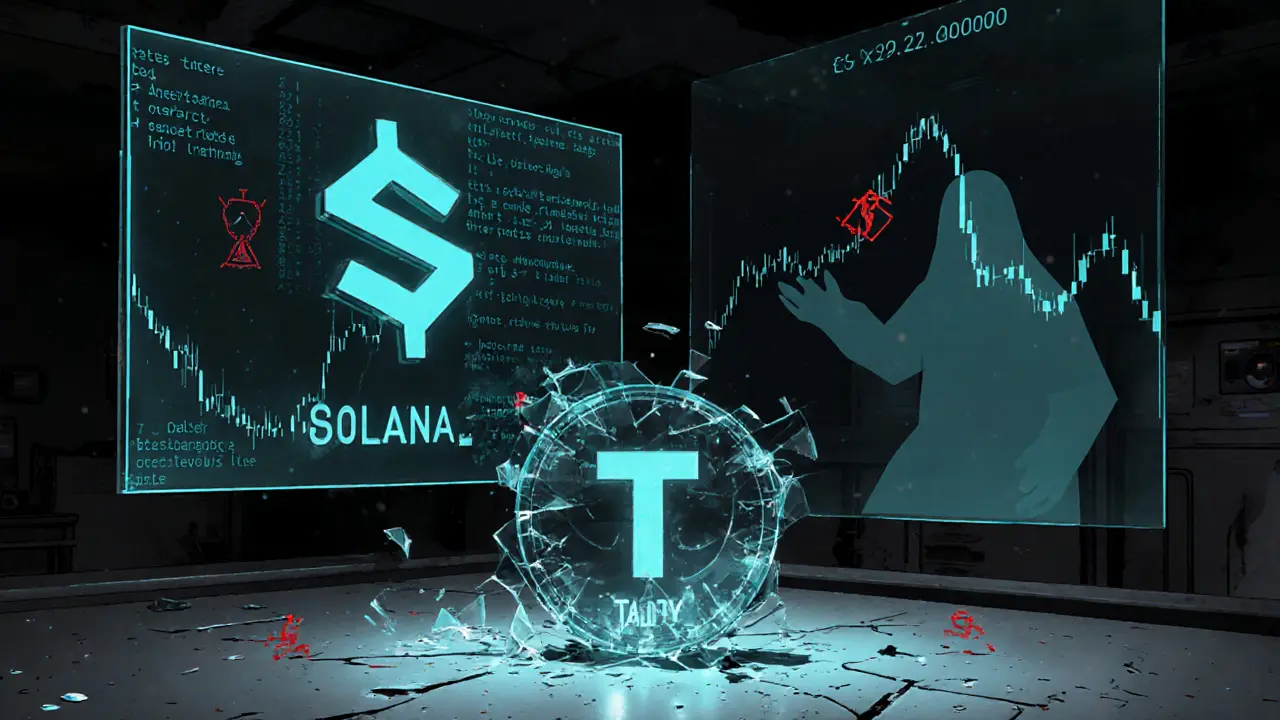 Dark lab showing Solana blockchain code, a broken TADDY token, and a plummeting price chart.