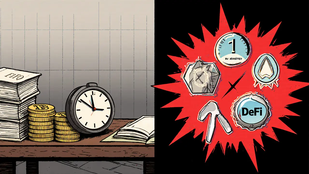 Desk scene with FIFO Bitcoin stacks, a ticking clock, and warning icons for mining and DeFi.