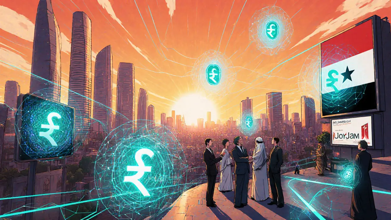 Futuristic Jordan cityscape with holographic CBDC and Sharia‑compliant digital tokens.
