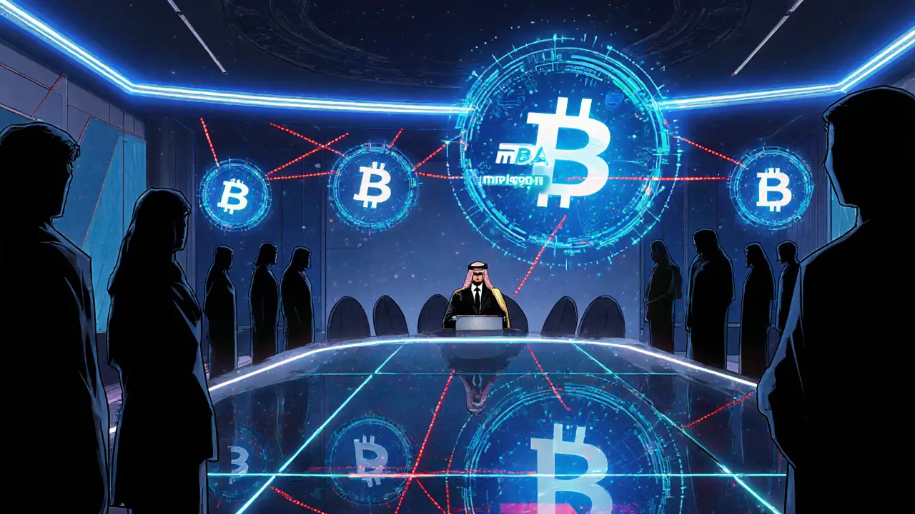 Futuristic meeting shows holographic blockchain and CBDC symbols in Saudi regulator setting.