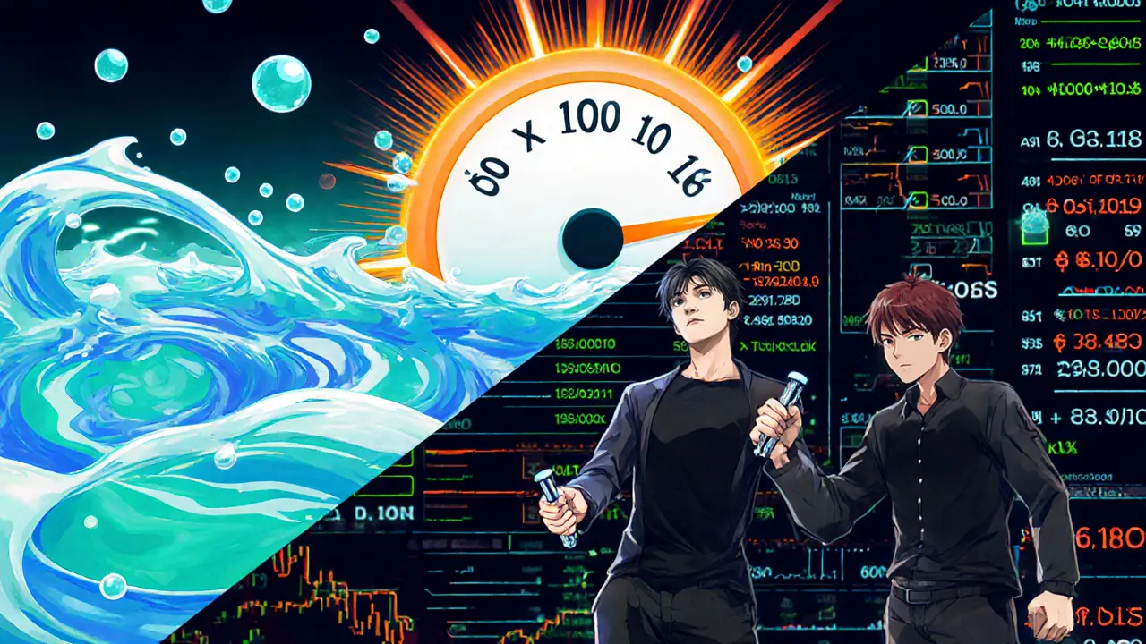 Hybrid liquidity split‑screen with AMM pool on left and order‑book with high‑leverage levers on right.