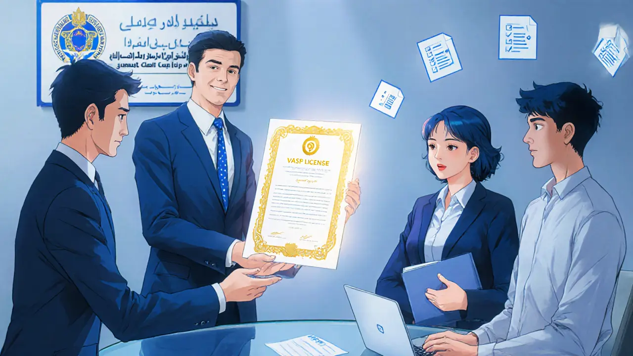 Jordanian regulator presenting a crypto license to a tech team in a modern office.