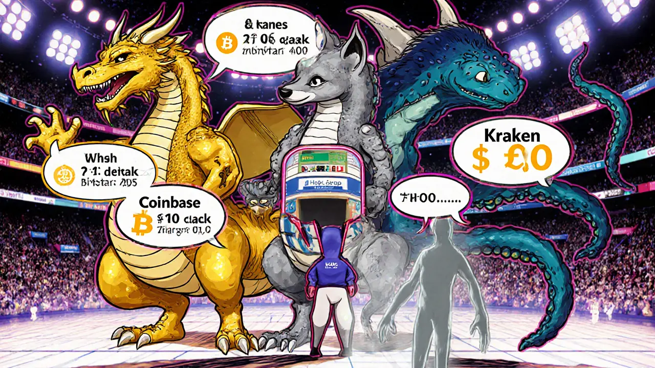 Manga mascots for Binance, Coinbase, Kraken display high stats while HopeSwap appears ghostly with zero activity.