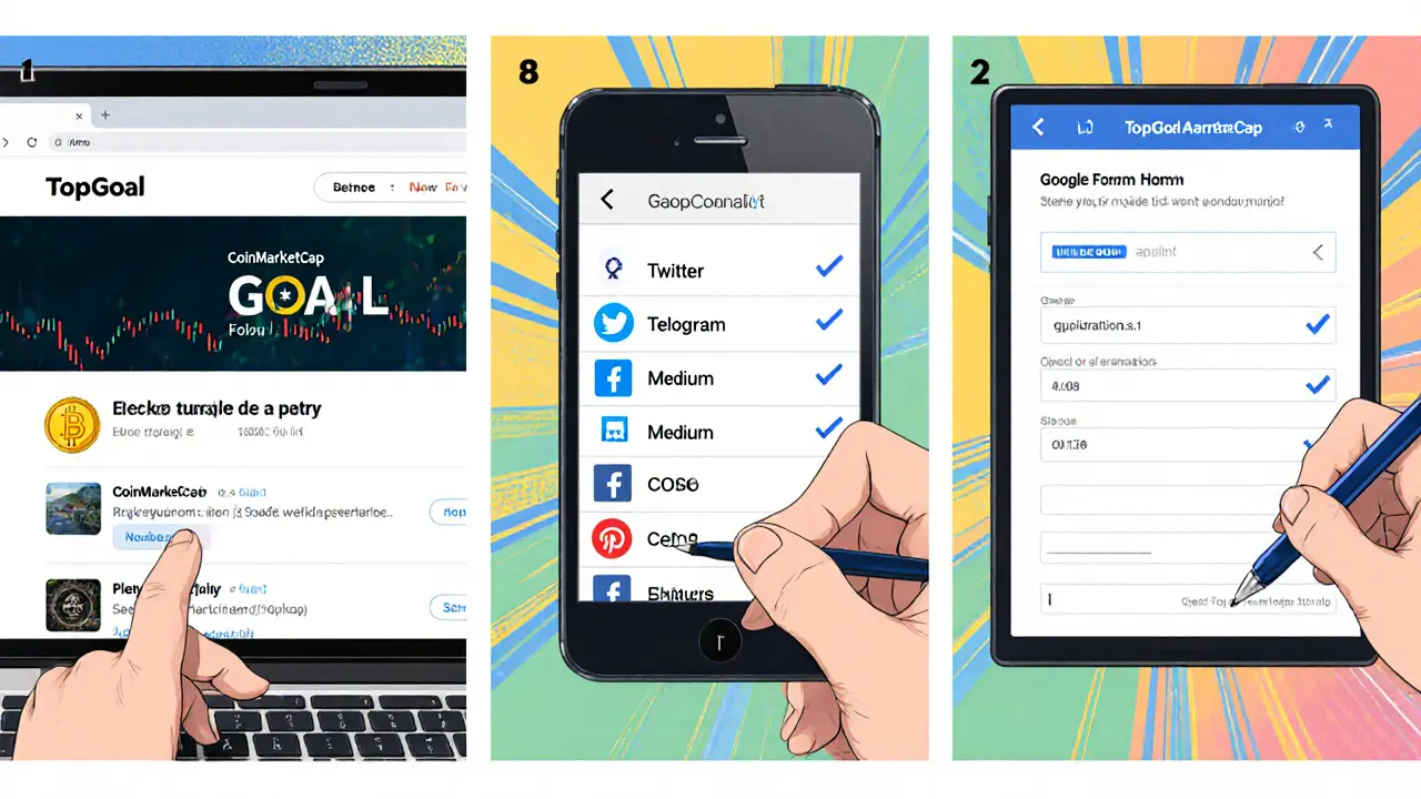 Manga panels showing steps to join the TopGoal airdrop on CMC and social media.
