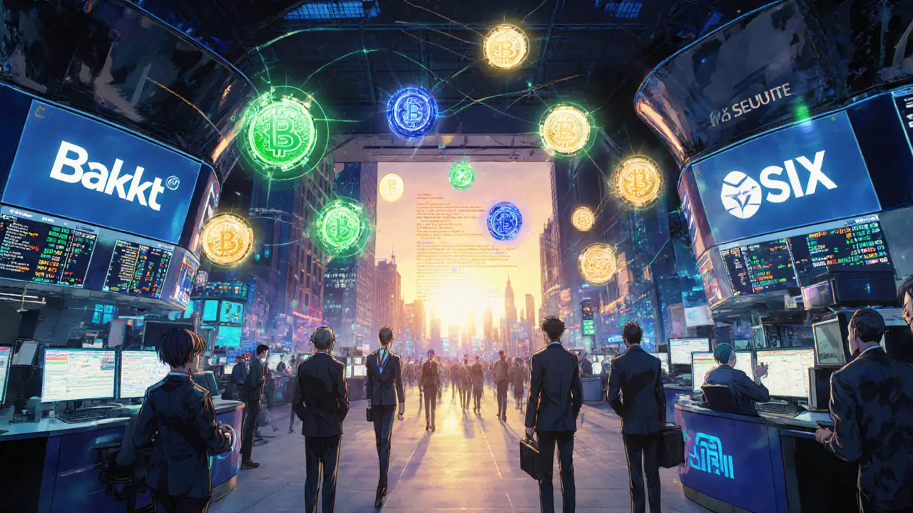 Manga scene of a bustling 2025 digital exchange with traders watching glowing security‑token price charts and futuristic exchange logos.