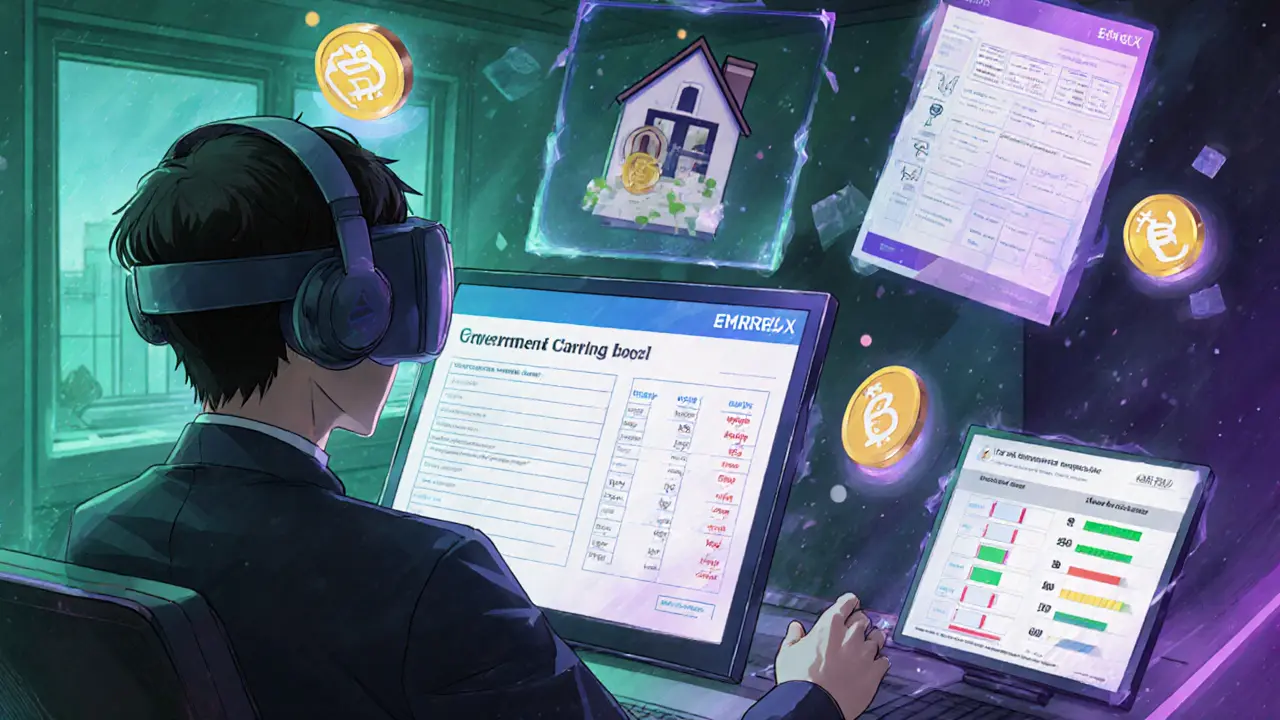 Manga workspace showing fee discount, voting ballot, and tokenized assets using EMRX.