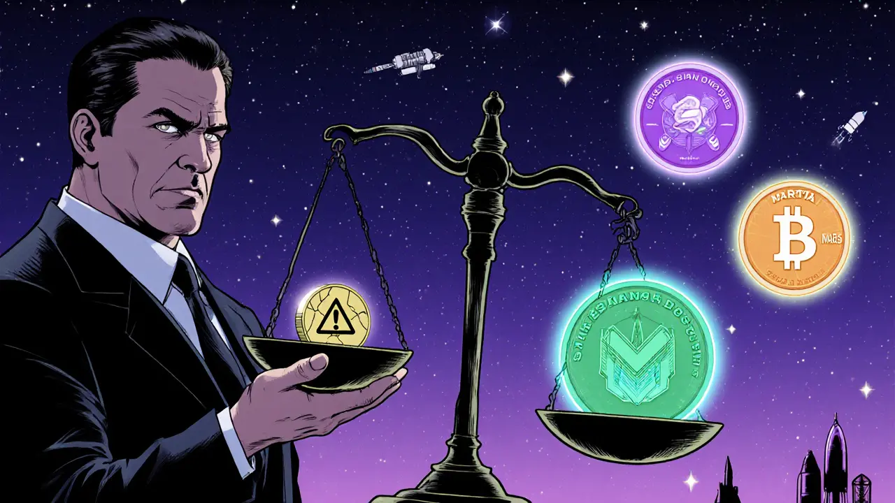 Regulator holding a scale showing small cracked MARTIA versus larger space tokens.
