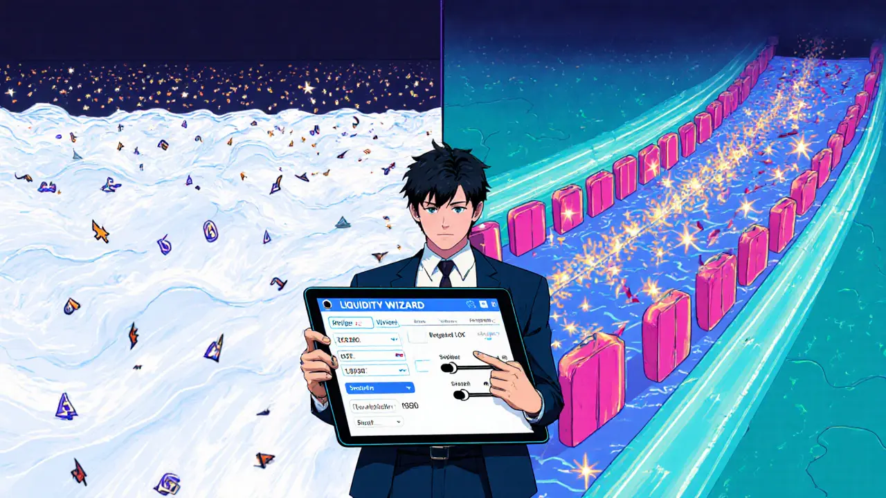 Side‑by‑side depiction of full‑range vs concentrated liquidity with a trader adjusting price bands.