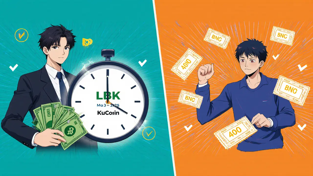 Split manga panel showing LBank holding requirements and KuCoin trading tasks for BNC airdrop.