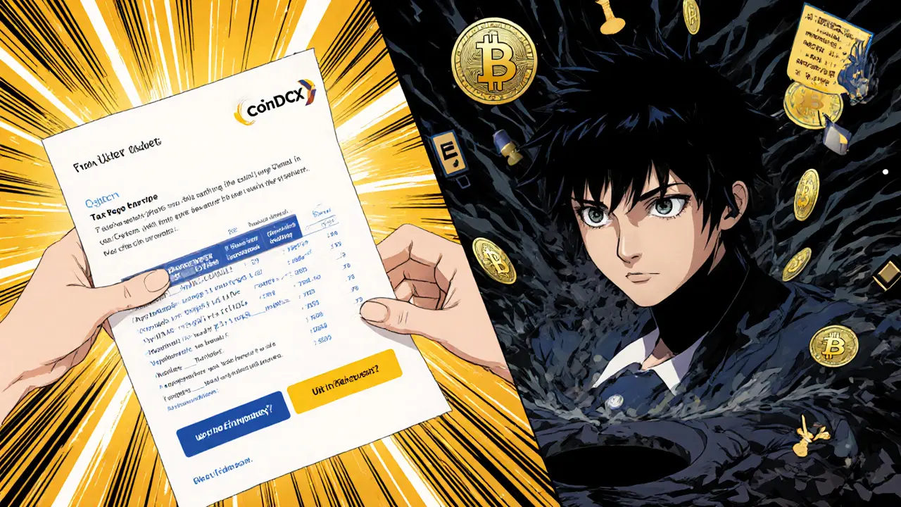 Split scene: calm tax report vs chaotic crypto loss with legal warnings.