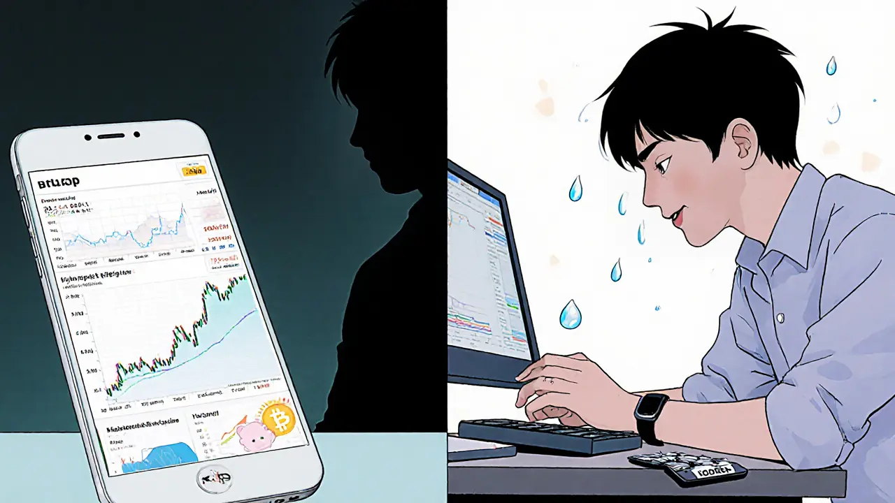 Split scene: Global trader using a mobile app vs. someone struggling with a Korean-only desktop platform.