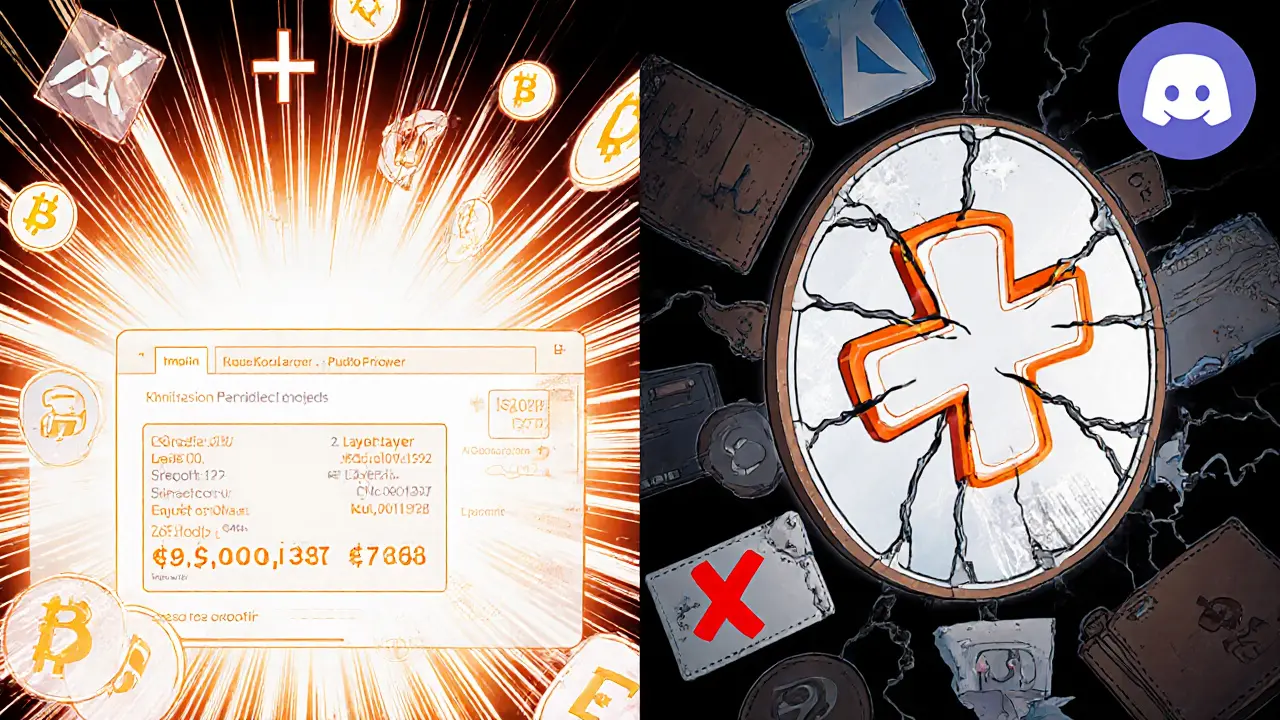 Split scene: vibrant active airdrops on one side, a decaying Hot Cross token symbol on the other.