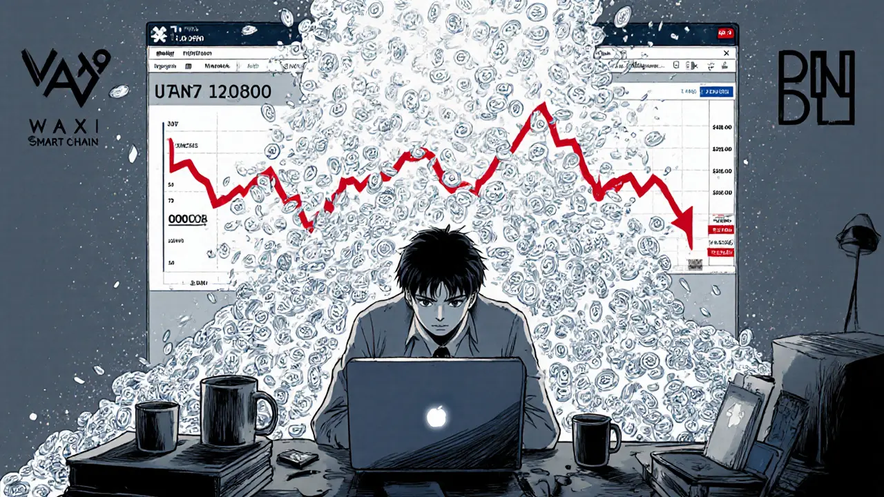 Stressed anime trader surrounded by falling price chart and spilling tokens.