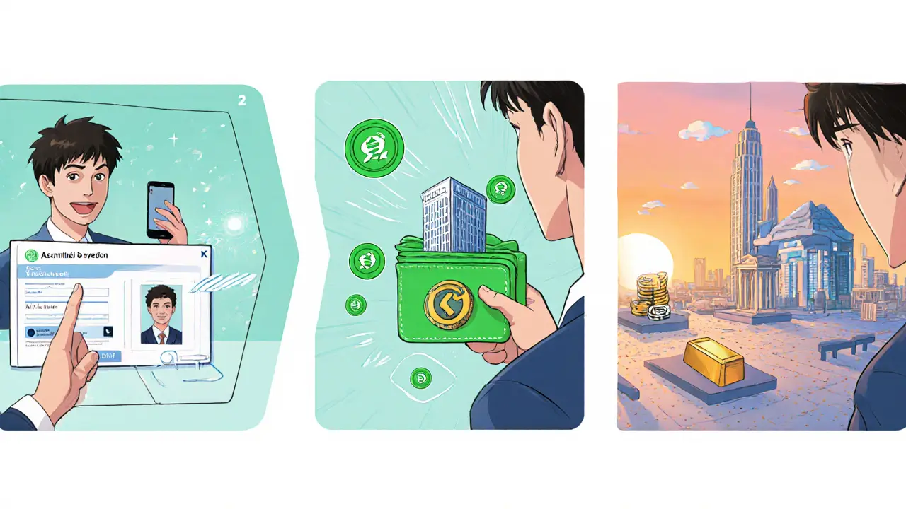 Three‑panel manga showing KYC verification, USDC funding, and browsing tokenized assets on a virtual marketplace.