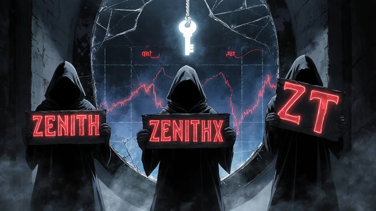 Three shadowy figures hold fake Zenith-themed airdrop banners in a dark alley, with a falling token chart reflected in a cracked mirror.