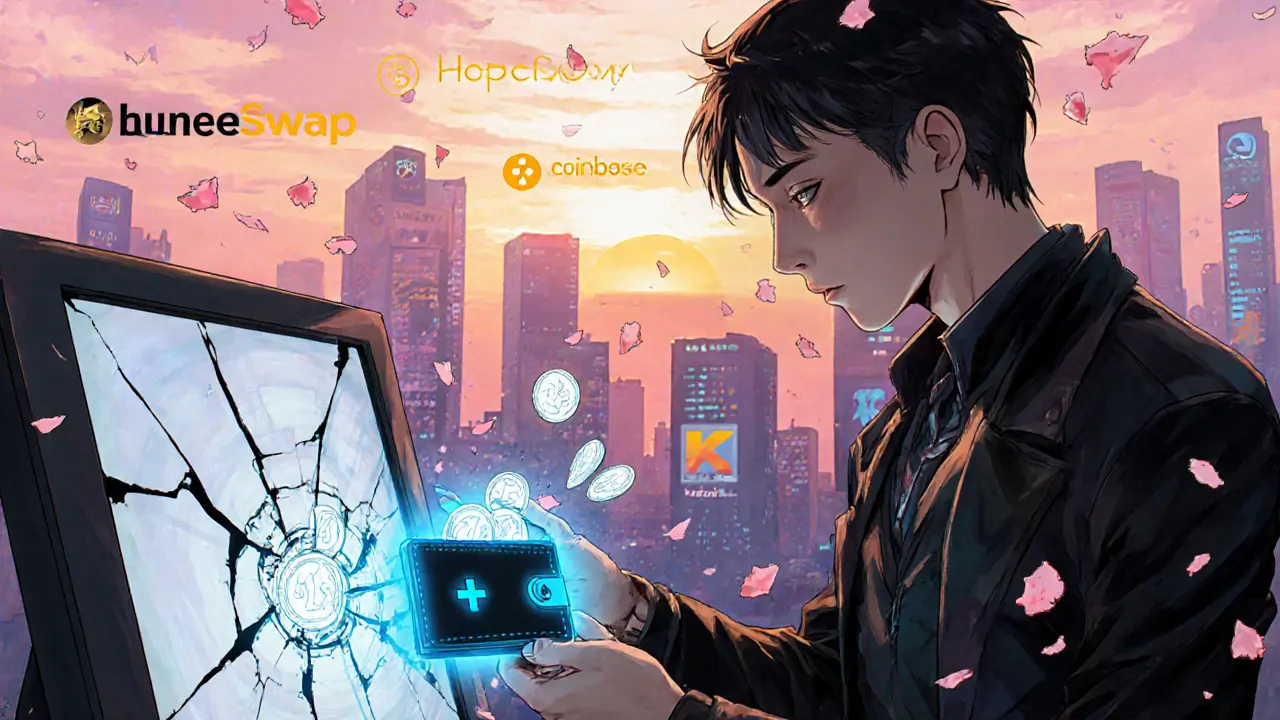 Trader moves crypto from a broken HopeSwap terminal to a secure hardware wallet under a sunrise.