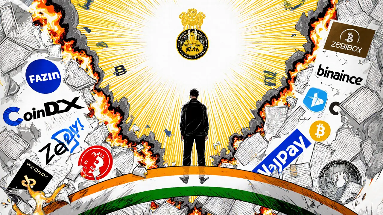 Trader stands on safe exchange bridge as risky platforms collapse behind him.