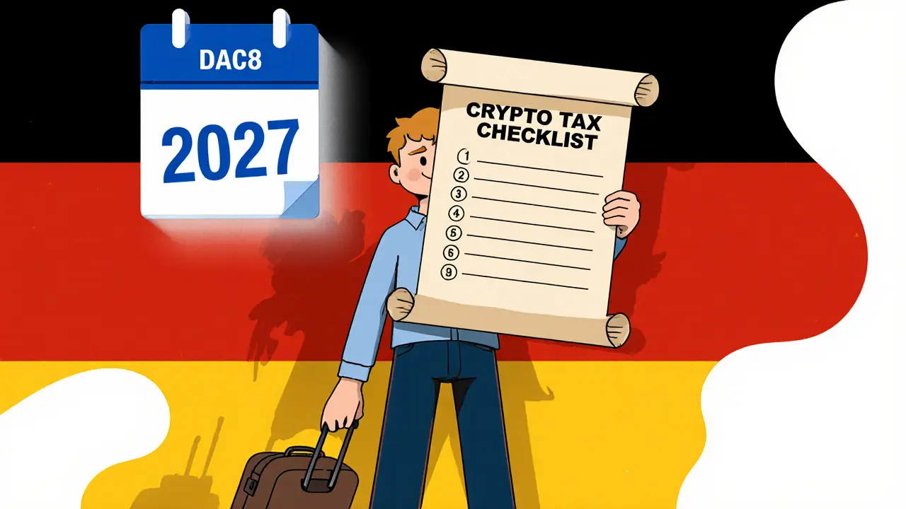Traveler with a checklist stands before German symbols as a future EU tax directive looms.