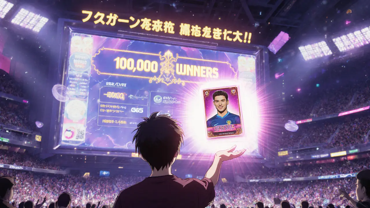 Winner in a virtual stadium with a luminous NFT card turning into a player avatar.