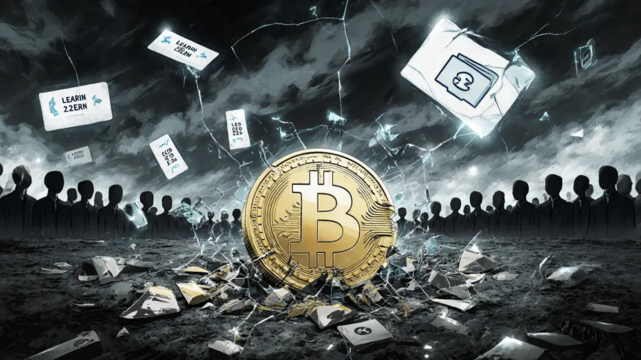 A broken LESTER token surrounded by crashing price tags in a desolate cyber wasteland.