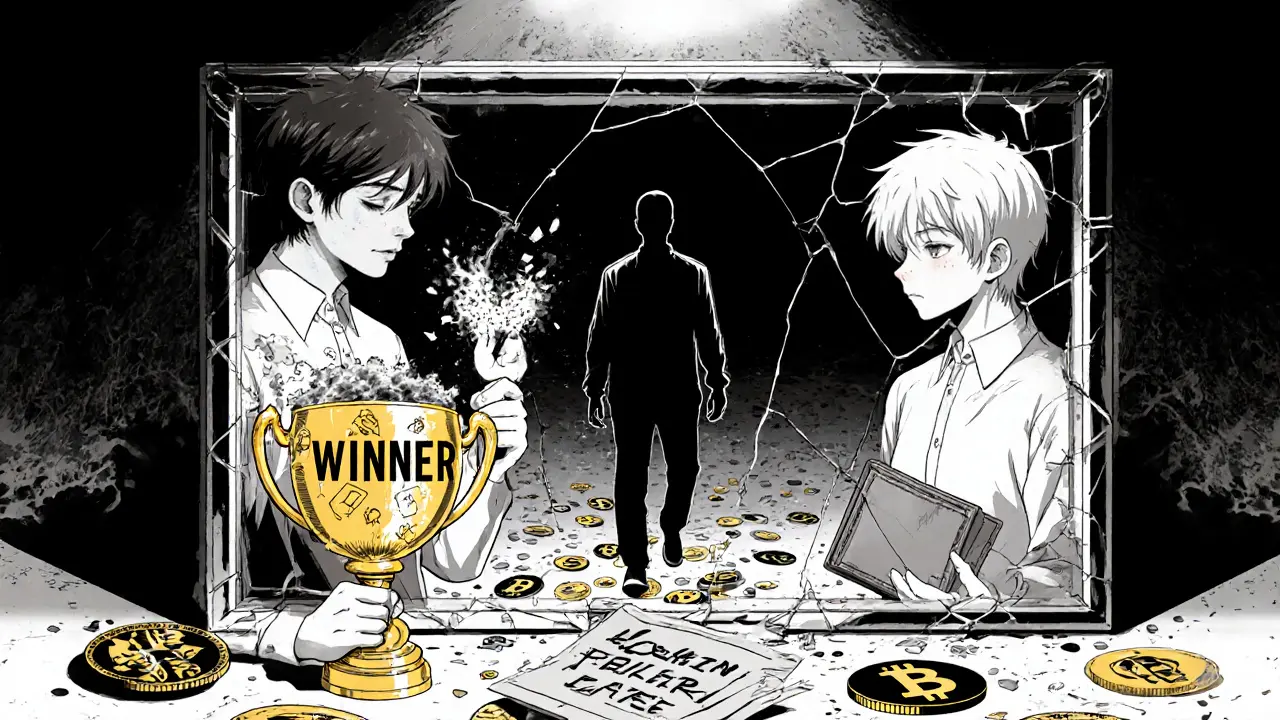 A cracked mirror shows one version of a person holding a winner trophy and another holding ash, symbolizing LOCKIN&#039;s extreme risk.