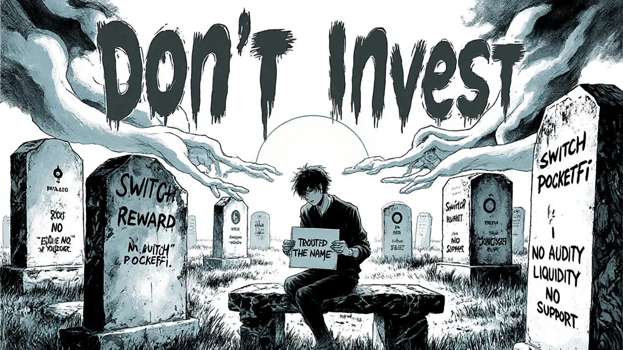 A crypto graveyard with SWITCH tombstones, a tired investor, and distant XRP and Stellar shining under the sun.