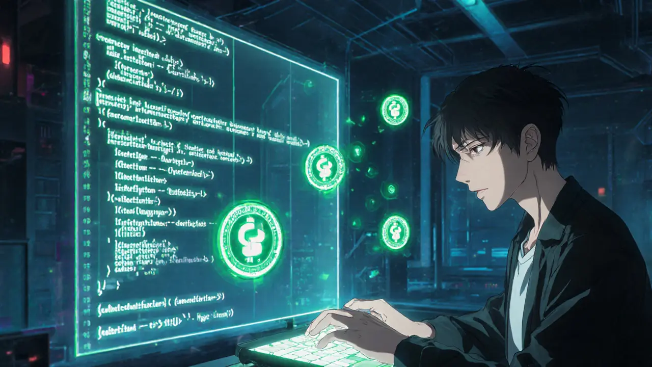 A developer viewing secure Pact smart contract code with glowing verification seals in a cyberpunk lab.