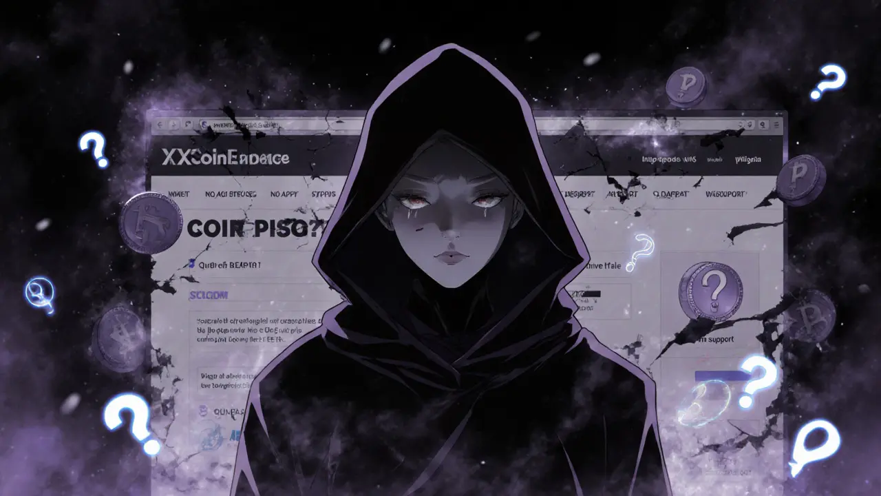 A faceless ghostly figure surrounded by dissolving tokens and broken exchange icons.