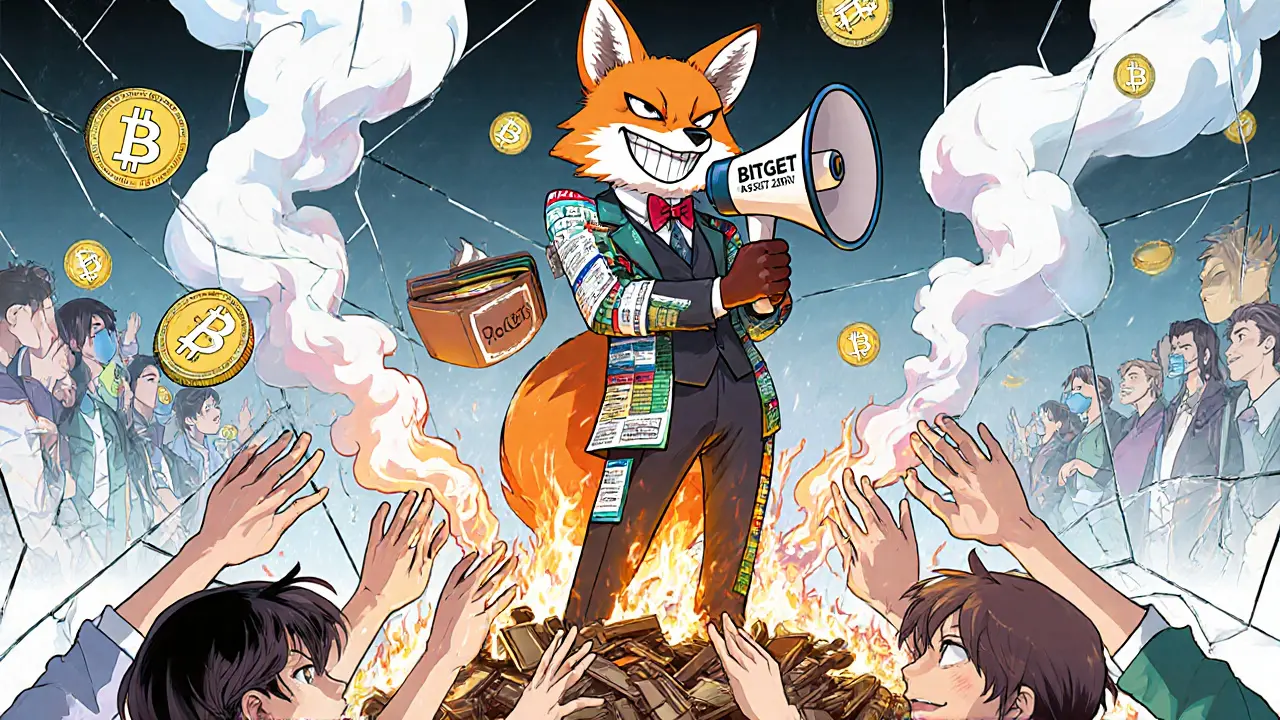 A fox-like figure promoting fake crypto rewards while users&#039; tokens vanish into smoke.
