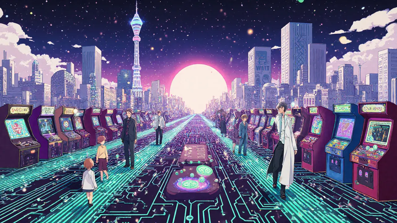 A futuristic anime city built on the TON blockchain, where players collect WAT points and tokens amid arcade games and glowing circuits.