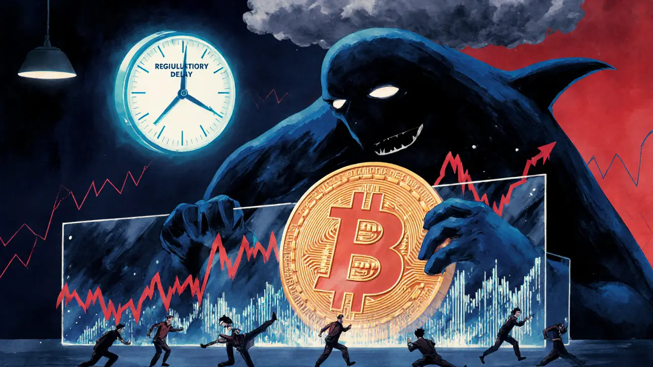 A giant whale shadow tipping a massive Bitcoin coin over a fragile market, with regulatory clouds above.