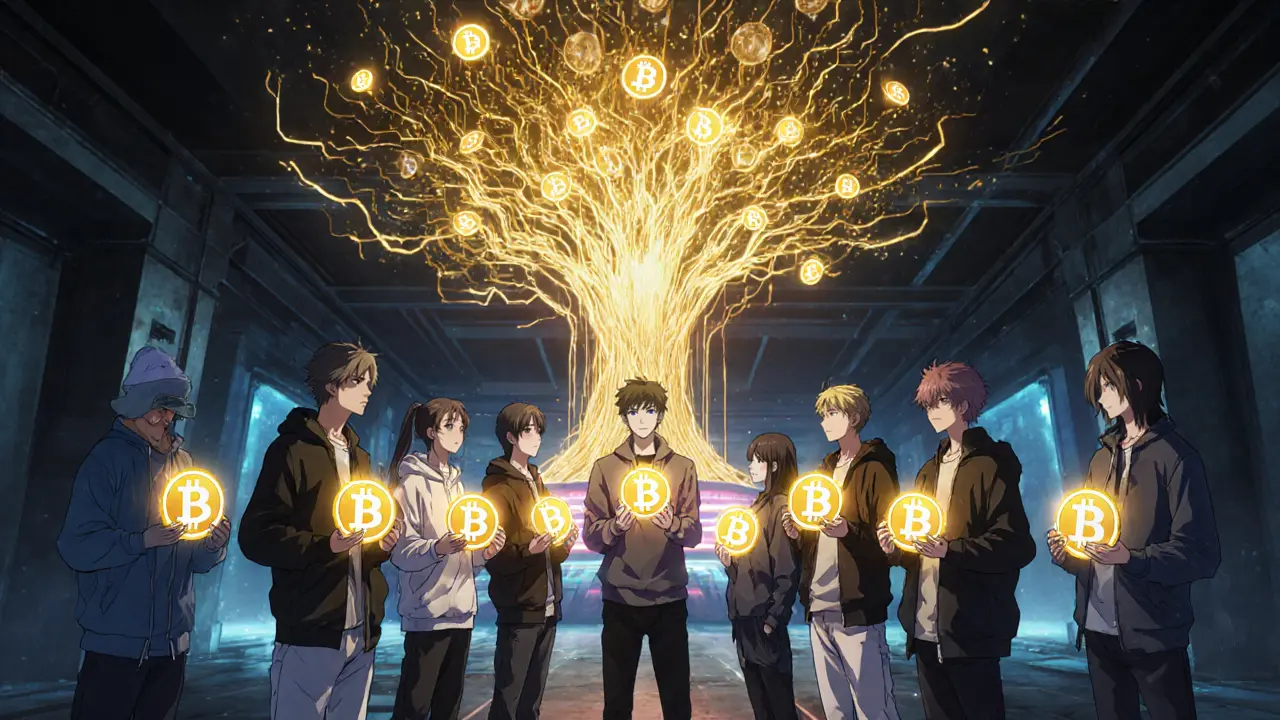 A group of people activating a staking console with glowing DMC tokens, energy flowing into a digital tree.