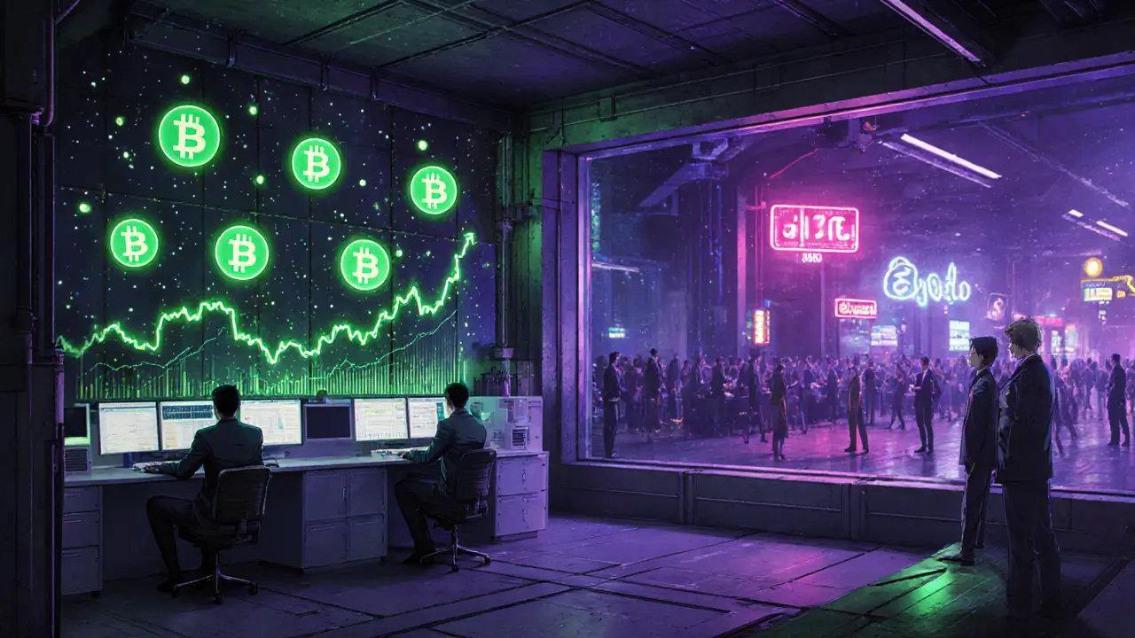 A high-tech vault displays 6,102 Bitcoin as a futuristic crypto hub glows outside.