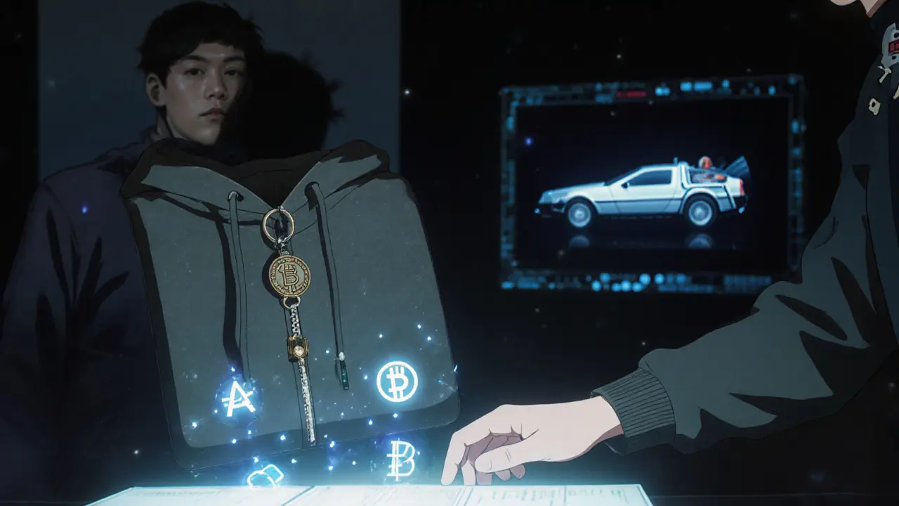 A limited-edition DeLorean hoodie and keychain displayed beside a floating blockchain ledger with DMC tokens.