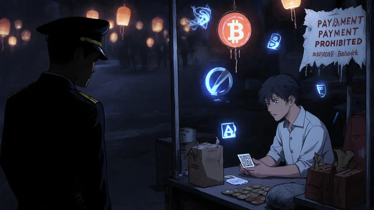 A merchant secretly accepting crypto payment at a night market while a regulator watches from afar.