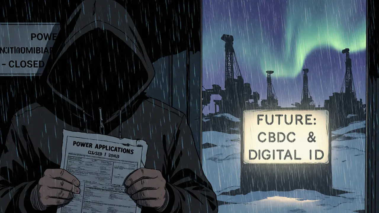 A miner facing a closed government door, ghostly rigs behind, with signs of digital future ahead