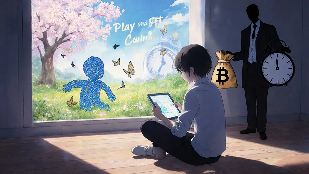 A player peacefully exploring a fantasy world in a free Web3 game, with blockchain butterflies and a shadow of financial burden behind them.