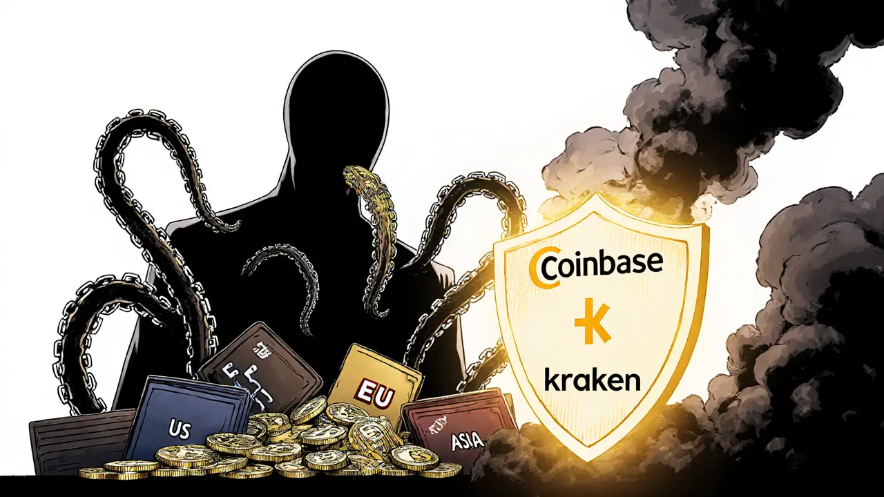 A shadowy unregulated exchange dissolving as trusted crypto platforms shine with light.