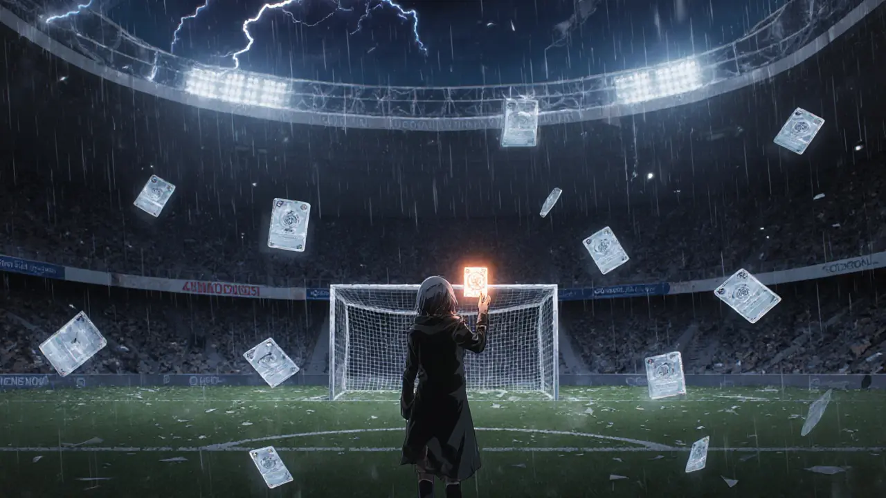 A solitary person holding a fading NFT in front of a deserted virtual football stadium.