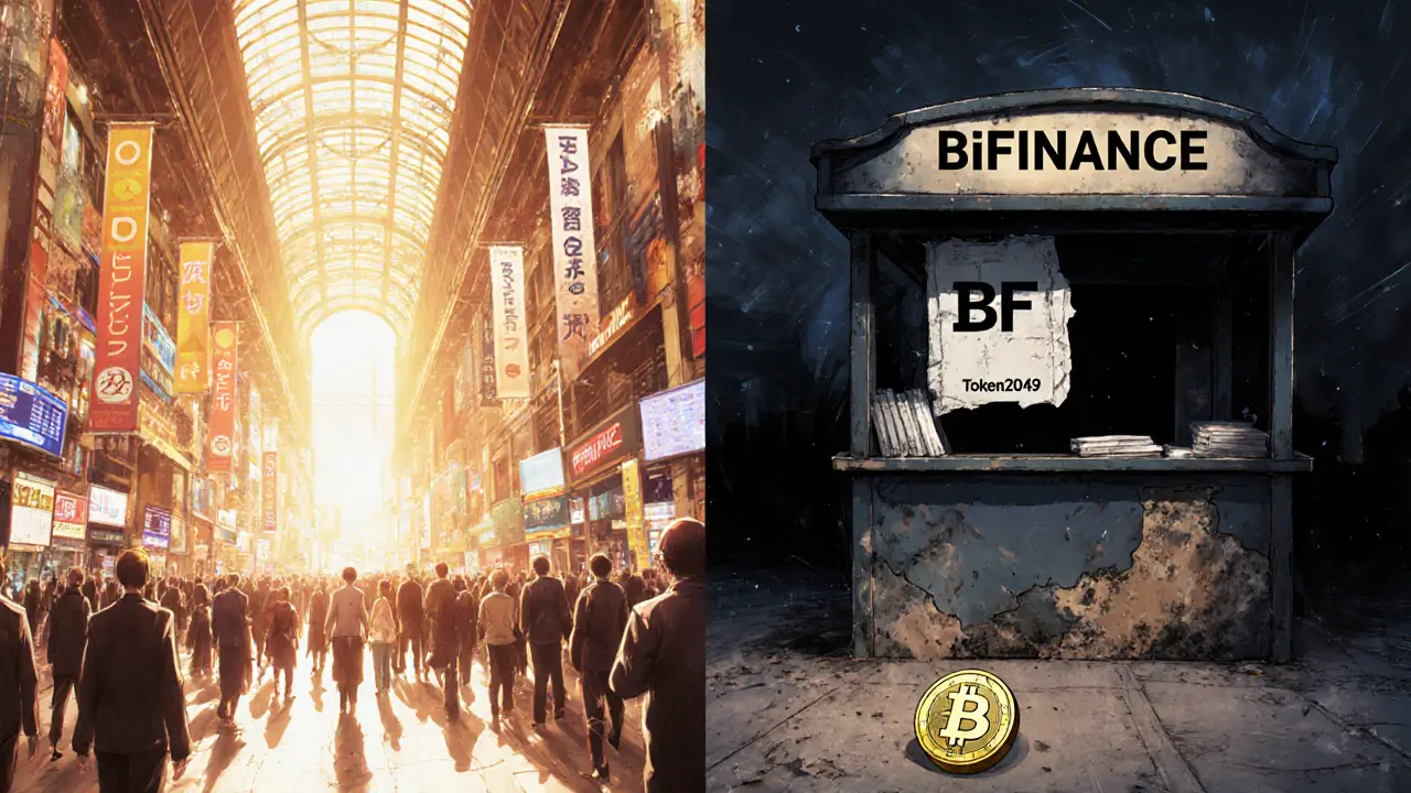 A split scene: thriving RWA market vs abandoned BiFinance booth with a lone BFT token on the floor.