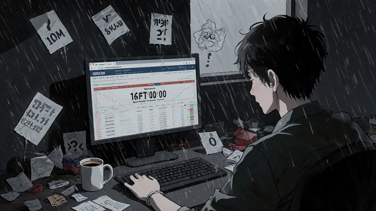 A trader stares at a &#039;BFT Volume: <h2>Who’s Behind BiFinance?</h2>&#039; screen in a dark room, surrounded by conflicting data.